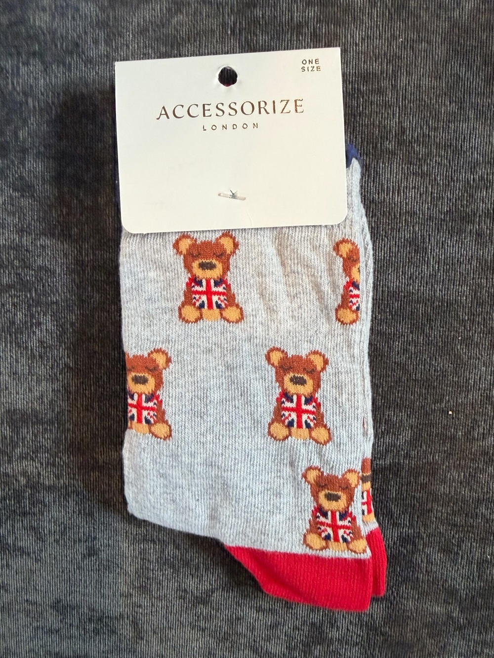 Accessorize Grey Crew Socks with Red Accents and Teddy Bear Motif